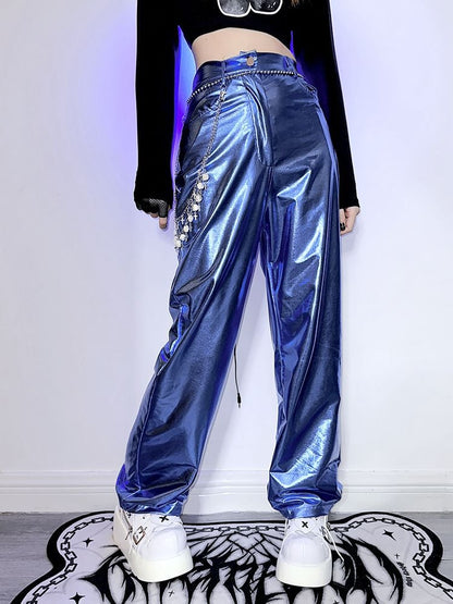 Futuristic Cyberpunk Y3K Metallic Silver/Rose Red/Blue/Green PU Pants