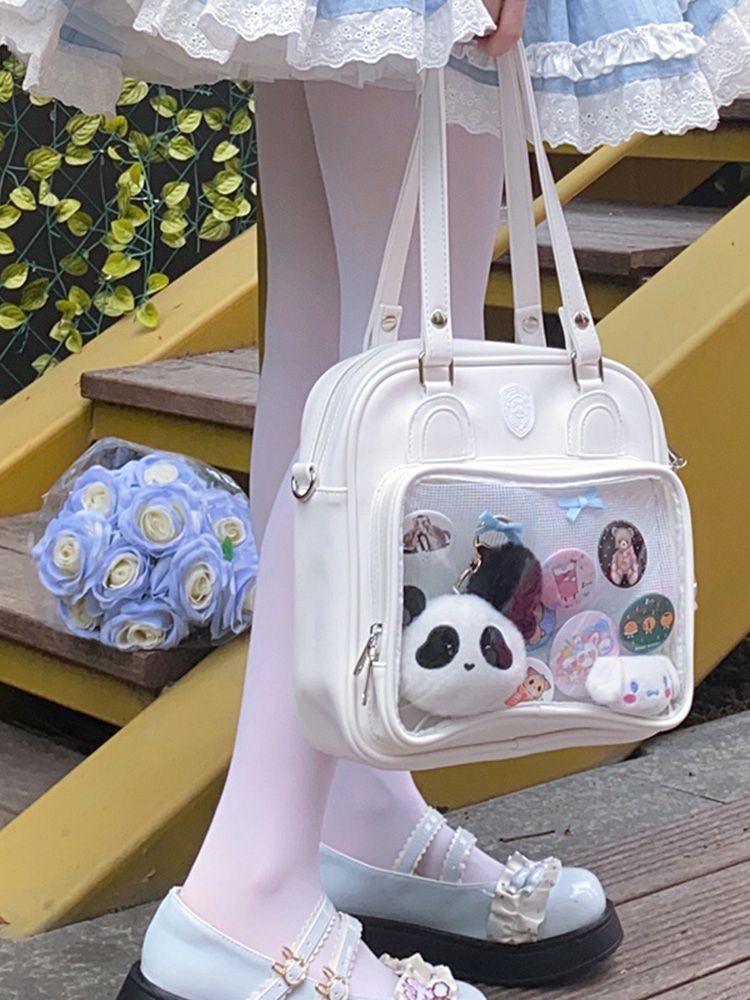 Bear Ears Design White/Wine Red/Silver PU Square Ita Bag