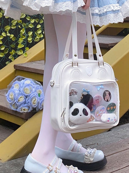 Bear Ears Design White/Wine Red/Silver PU Square Ita Bag