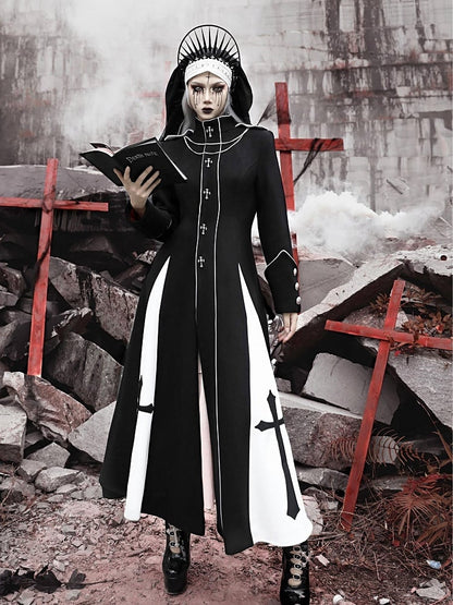 Black and White High Neck Metal Cross Decorated Gothic Woolen Coat