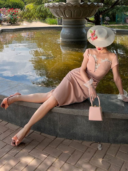 Lace Trim Back Slit Pink Vintage Dress