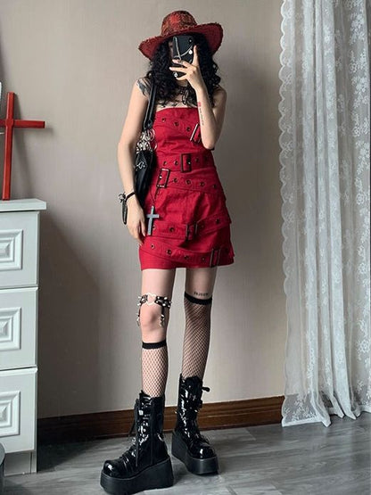 Buckles Decorated Strapless Red Dress Music Festival Outfits