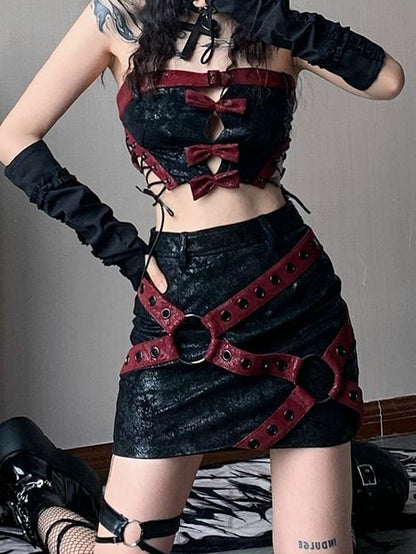 Black PU Strapless Cropped Top with Red Bowknots Music Festival Outfits