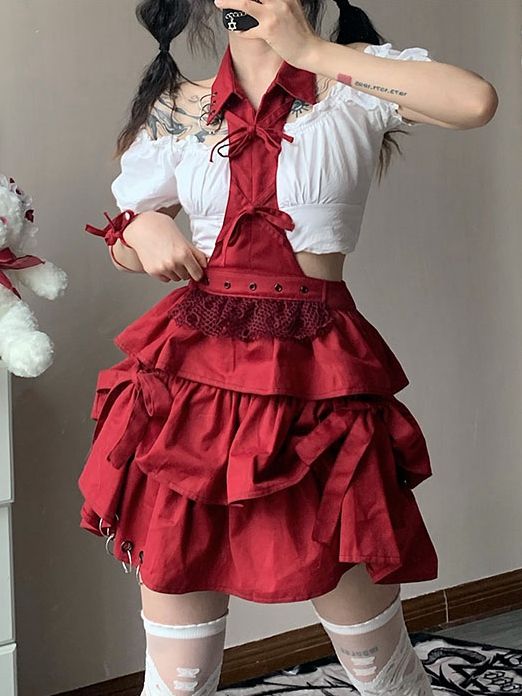 Red Halter Neck Overall Skirt with Metal Rings Decorated Hem