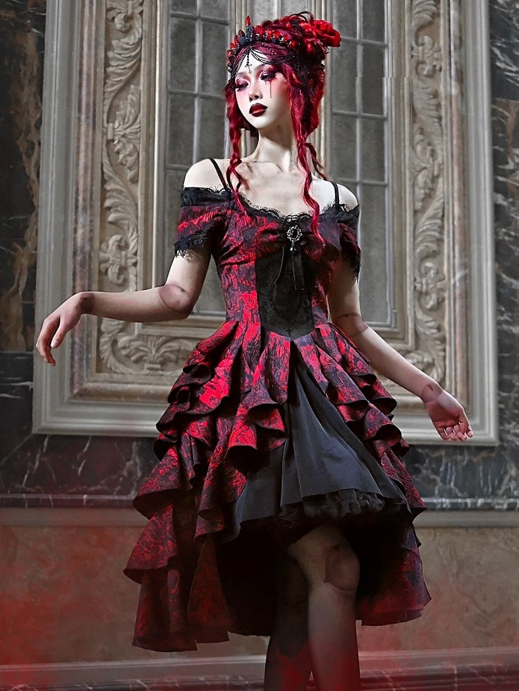 Romantic Goth Dress Cascading Ruffle Trim Wine Red and Black Vampire Dress