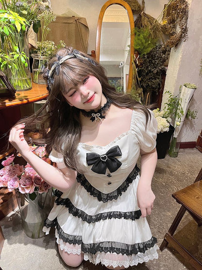 Plus Size-White Puff Sleeves Blouse + Tiered Skirt and Flounce Hem Skirt