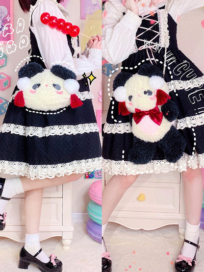 Panda Head-shaped White Beads Shoulder Strap Crossbody Plush Bag