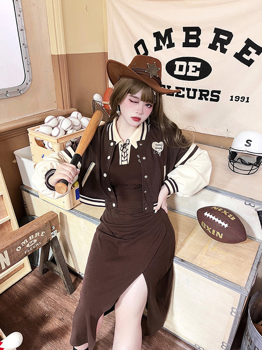 Plus Size - Dark Brown Cropped Baseball Jacket