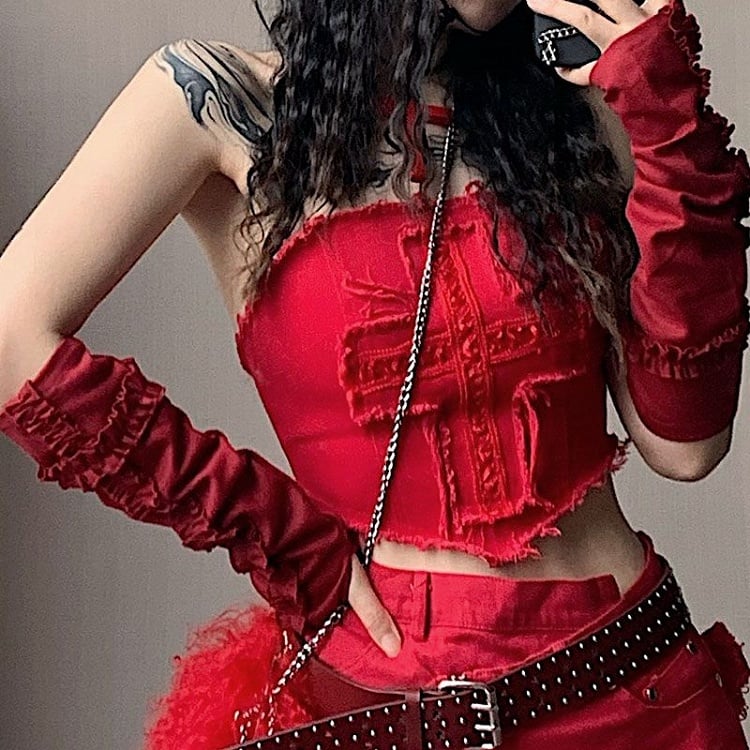 Black/White/Red Sleeves Ruffle Trim Cross Design