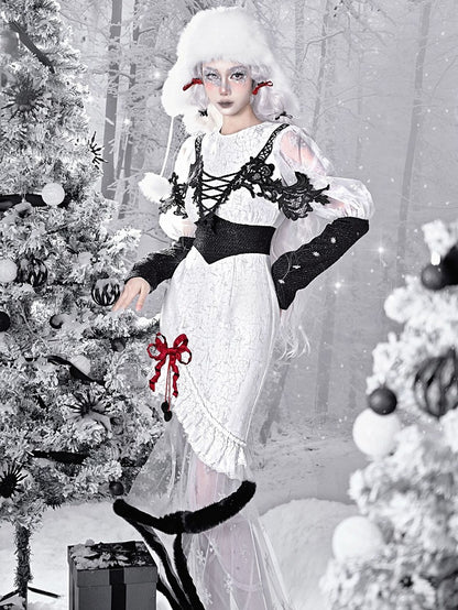 Gothic Christmas Dress Snowflake Print Mermaid Skirt with Plush Hem