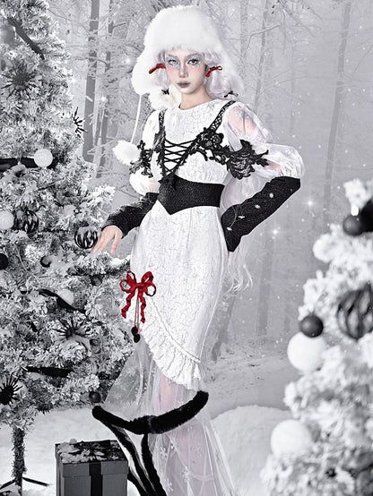 Gothic Christmas Dress Snowflake Print Mermaid Skirt with Plush Hem