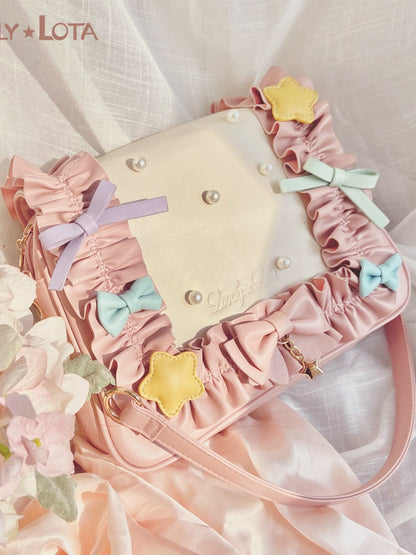 Fold-over Flap Creamy Dots Bowknots Shoulder Bag