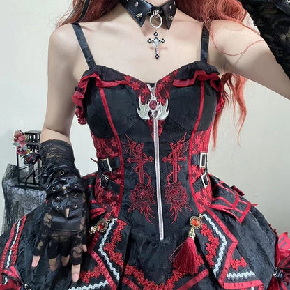 Black and Red Bat and Cross Embroidery Gothic Lolita JSK Zip Front and Buckle Side
