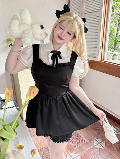 Plus Size Friendly Black Basque Waist Overalls/Lace Cuffs Bloomers