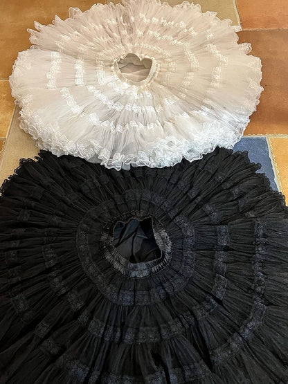 Antique Doll White/Black Lace Trim Vintage Tiered Skirt