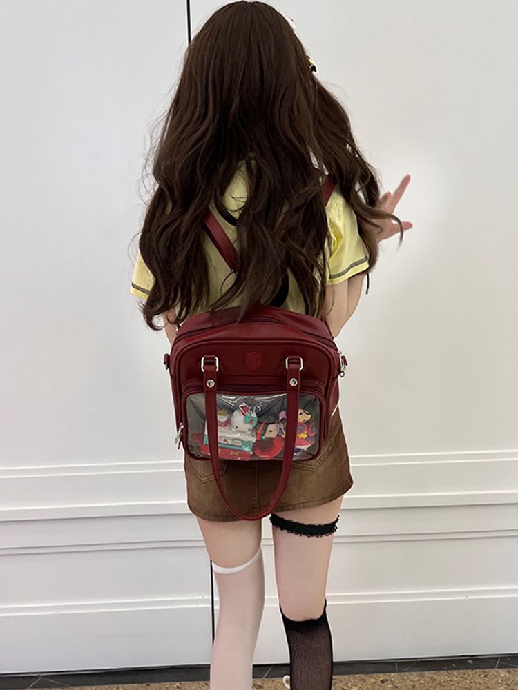 Bear Ears Design White/Wine Red/Silver PU Square Ita Bag