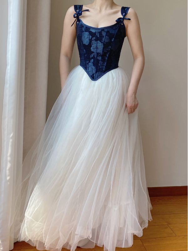 Dark Blue Scoop Neckline Corset with Floral Pattern