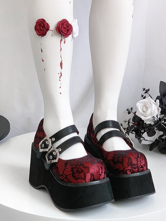 Buckle Straps Platforms Red Lace Round Toe Punk Shoes
