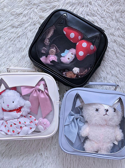 Cat Head-shaped Window Black PU Square Ita Bag