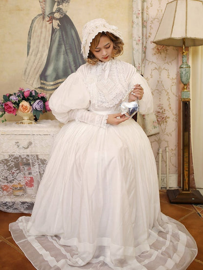 White Leg-of-Mutton Sleeves Vintage Lace Blouse and White Skirt Long Version Set