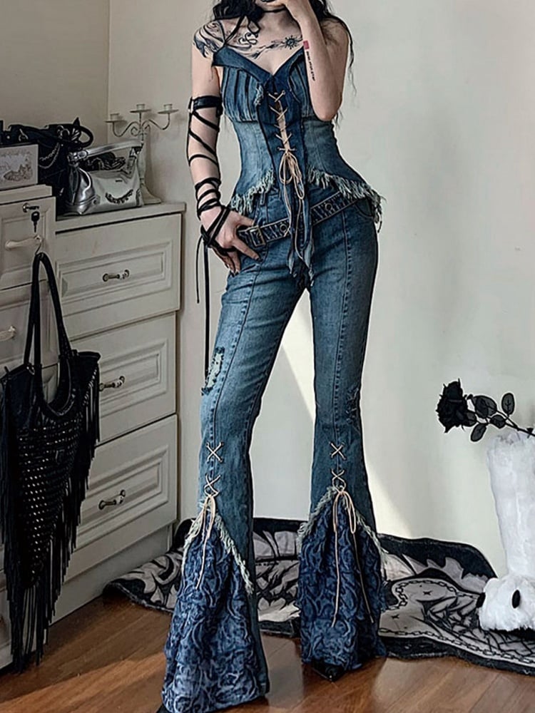 Patchwork Design Denim Flare Pants Lace-up Detail