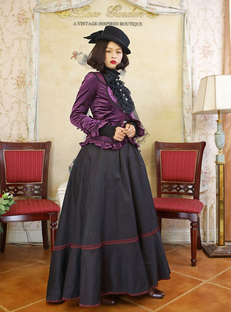 Dark Purple Lace-up Detail Velvet Jacket and Black Vintage Victorian Skirt Set