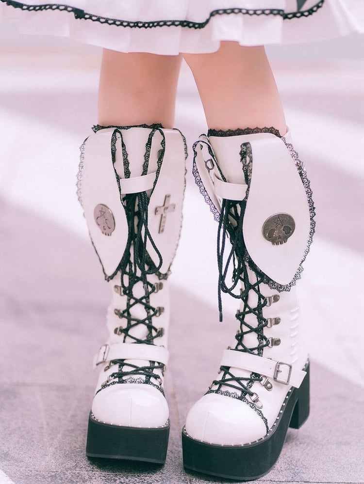 Bad Bunny Lace Trim Bunny Ears Design Punk White PU Gothic Platform Boots