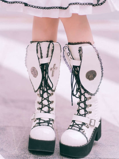 Bad Bunny Lace Trim Bunny Ears Design Punk White PU Gothic Platform Boots