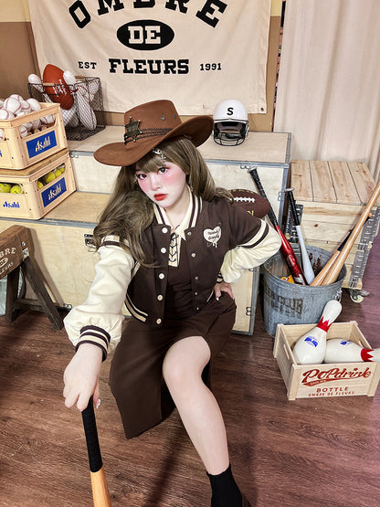 Plus Size - Dark Brown Cropped Baseball Jacket