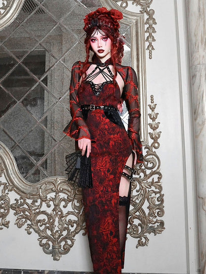 Romantic Goth Vampire Black Cropped Top with Chain Embroidery Bell Sleeves