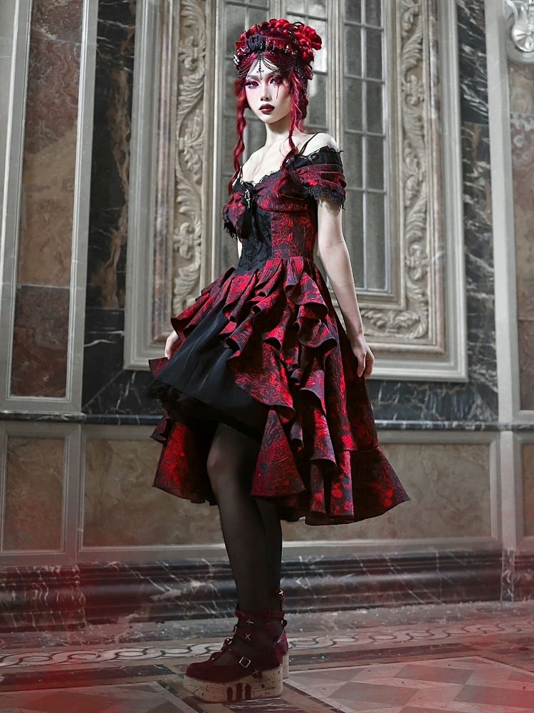 Romantic Goth Dress Cascading Ruffle Trim Wine Red and Black Vampire Dress