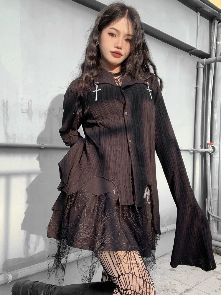 Cross Decorative Irregular Hem Punk Black Shirt