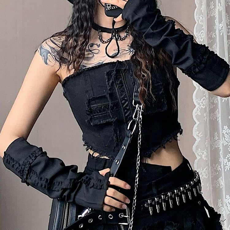 Black/White/Red Sleeves Ruffle Trim Cross Design