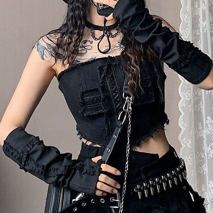 Black/White/Red Sleeves Ruffle Trim Cross Design