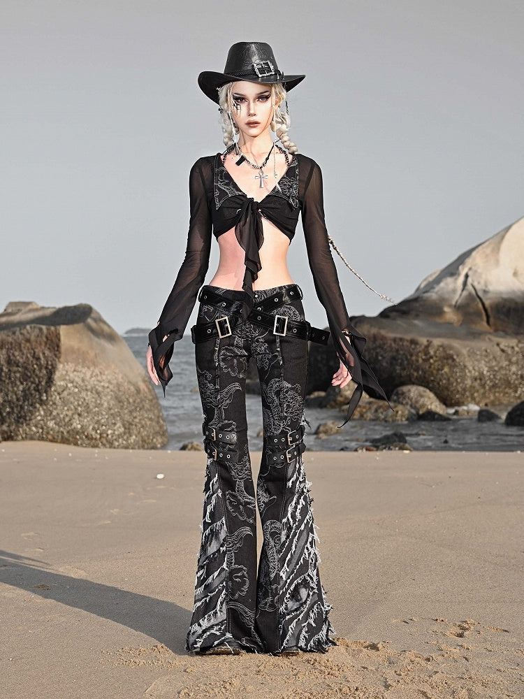Straps Studs and Tassels Fringe Black Flared Jeans Dragon Pattern Coachella Outfits