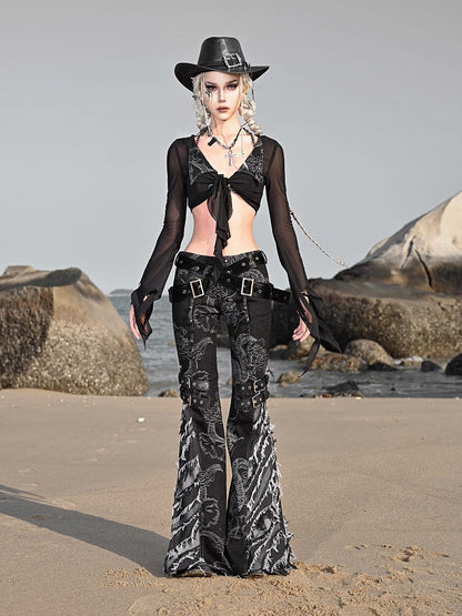 Straps Studs and Tassels Fringe Black Flared Jeans Dragon Pattern Coachella Outfits