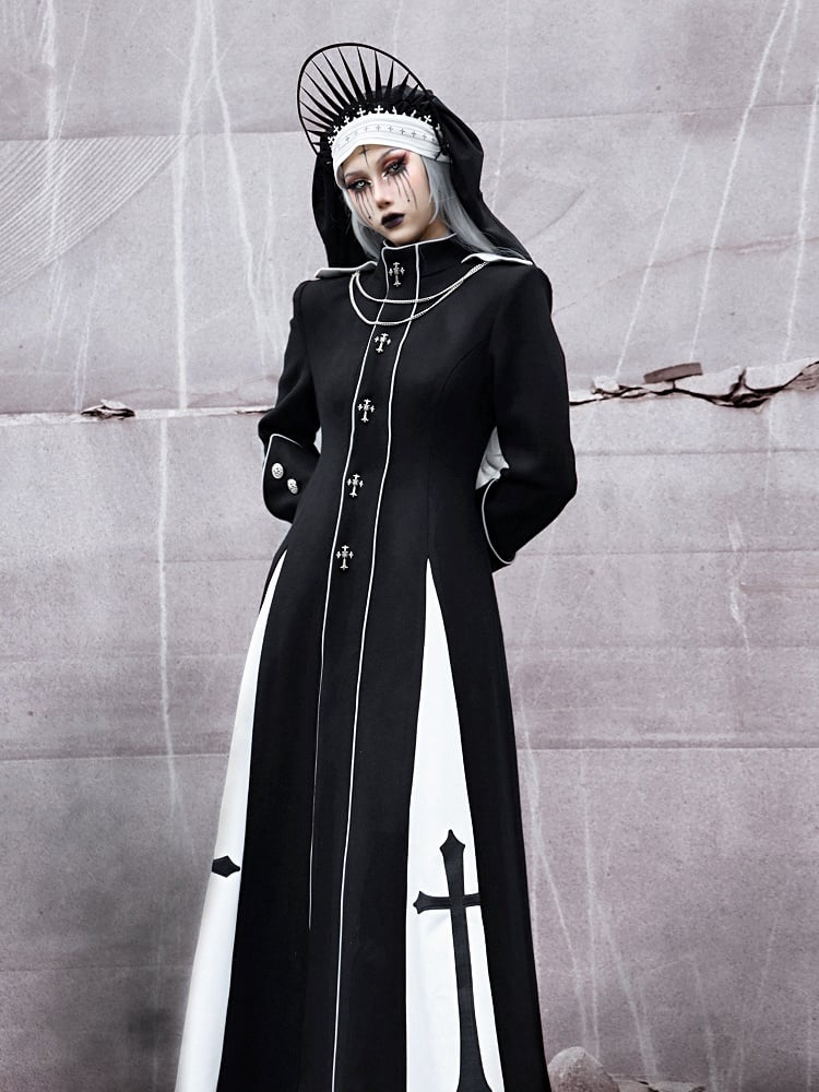 Black and White High Neck Metal Cross Decorated Gothic Woolen Coat