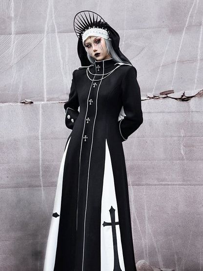 Black and White High Neck Metal Cross Decorated Gothic Woolen Coat