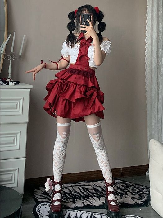 Red Halter Neck Overall Skirt with Metal Rings Decorated Hem