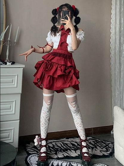 Red Halter Neck Overall Skirt with Metal Rings Decorated Hem