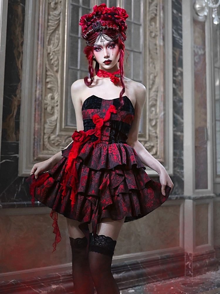 Romantic Goth Strapless Dress Cross at Bodice Jacquard Dress