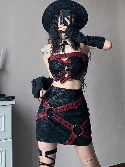 Black PU Strapless Cropped Top with Red Bowknots Music Festival Outfits
