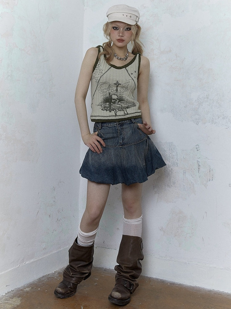 Punk Skull Print Light Green Knitted Tank Top