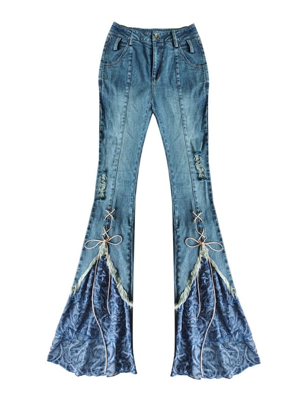 Patchwork Design Denim Flare Pants Lace-up Detail