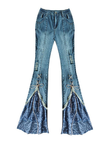 Patchwork Design Denim Flare Pants Lace-up Detail