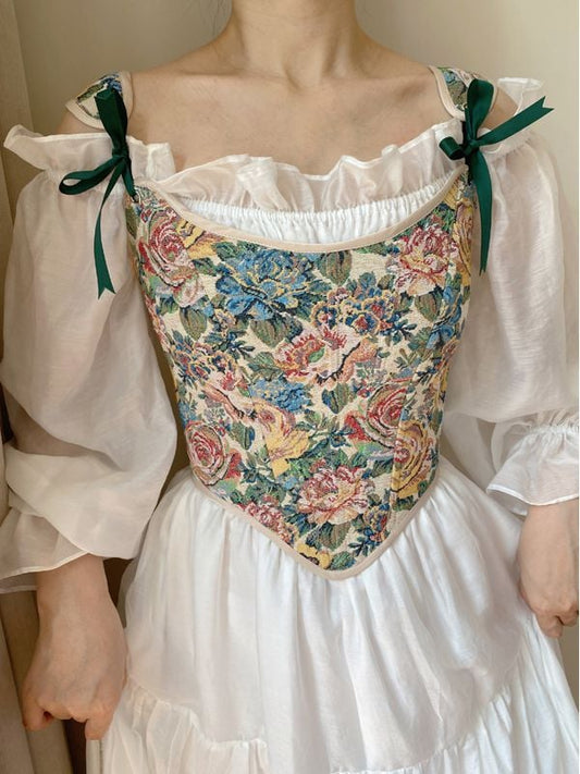 Oil Painting Floral Pattern Corset with Scoop Neckline