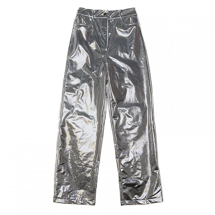 Futuristic Cyberpunk Y3K Metallic Silver/Rose Red/Blue/Green PU Pants