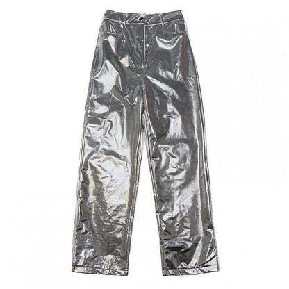 Futuristic Cyberpunk Y3K Metallic Silver/Rose Red/Blue/Green PU Pants
