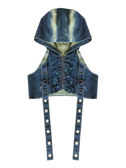 Dune Inspired  Punk Straps Design Hooded Denim Top