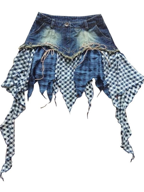 Handkerchief Hem Denim Skirt Patchwork Design